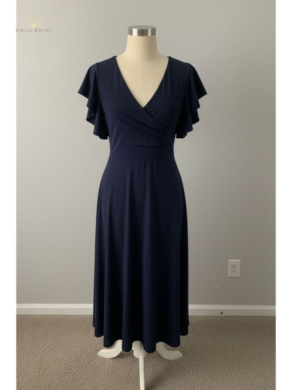 Women's Wrap V Neck Midi Dress Cap Sleeve A Line Fit Flare Cocktail